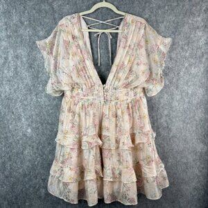 Lulus Easily in Love Blush Pink Floral Print Ruffled Tiered Mini Dress Size XL